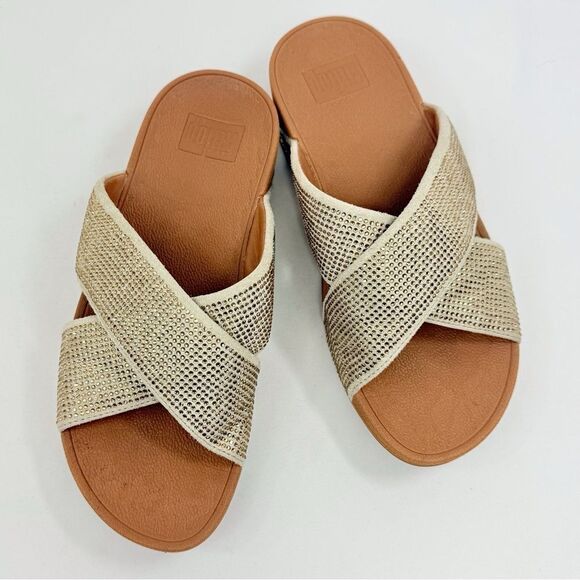 FitFlop RITZY Gold Metallic Sparkle Crisscross Orthotic Slide Sandals - Picture 4 of 16